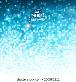 Blurred Christmas Lights for Xmas Holiday Design. Abstract Vector Illustration with Snowflakes and Typographic Winter Label