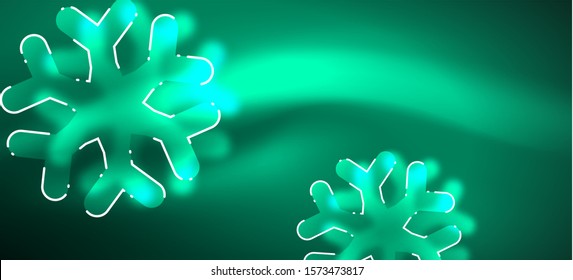 Blurred Christmas snowflake abstract background, stylized minimal design, neon glowing colors. Vector neon background. Snow background. New Year glowing snow