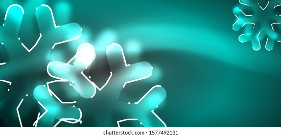 Blurred Christmas snowflake abstract background, stylized minimal design, neon glowing colors. Vector neon background. Snow background. New Year glowing snow