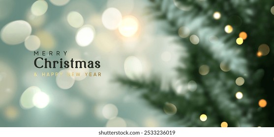 Blurred Christmas tree branches with soft glowing lights and bokeh effects in background. Christmas and New year de-focus blurred template for holiday design. Vector illustration