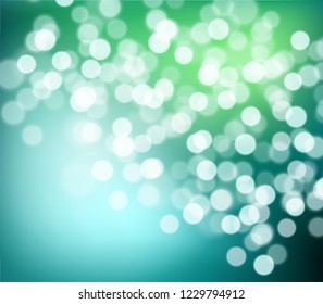 Blurred christmas tree defocused background. Beautiful green blue gradient winter backdrop with bokeh effect. Vector illustration for your graphic design, banner, poster, xmas card