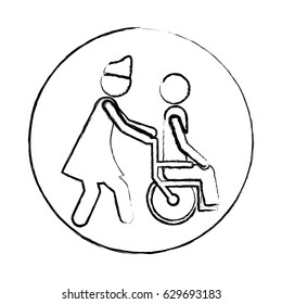 blurred circular frame silhouette nurse helping another person push a wheelchair vector illustration