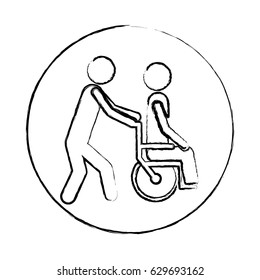 blurred circular frame silhouette person helping another push a wheelchair vector illustration