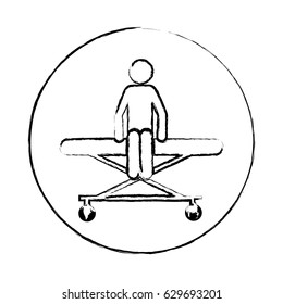 blurred circular frame silhouette pictogram patient sit in stretcher clinical vector illustration