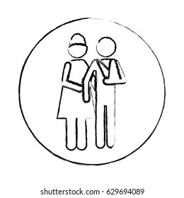 blurred circular frame silhouette pictogram nurse with bandaged arm patient vector illustration