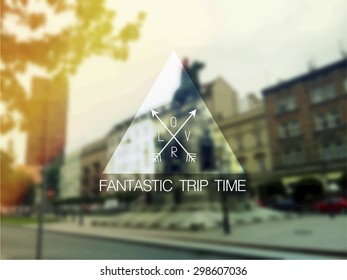 Blurred city advertising tour messages Fantastic Trip Time, travel, colorful poster tour agency, travel the world, city, photo background