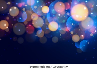 Luz de bokeh de color borrosa sobre fondo azul oscuro. Lujoso escenario vectorial con bokeh dorado, rosa y azul. Caer chispas doradas, deslumbramiento de polvo, efecto desdibujado. Plantilla de banner festivo, espacio de copia