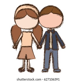 blurred colorful faceless caricature brown boy hair and girl pigtails hairstyle with taken hands vector illustration
