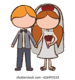 blurred colorful faceless cartoon groom with formal suit and bride with pigtails hairstyle vector illustration