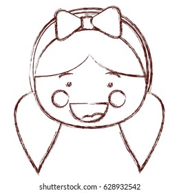 blurred contour shading smile expression cartoon front face girl with pigtails and bow lace hair vector illustration