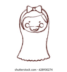 blurred contour smile expression cartoon front face woman with long hairstyle and bow lace vector illustration