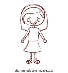 blurred contour smile expression cartoon short hair girl with shirt and skirt vector illustration