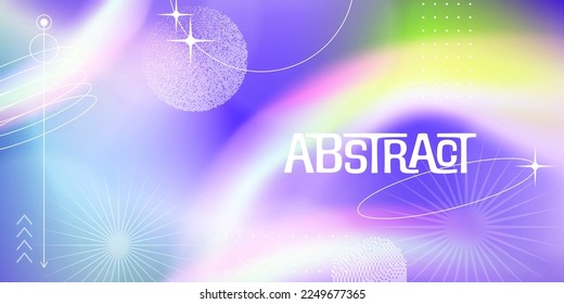 Blurred cool gradient background with geometric shapes. Fluid holographic gradient poster for wall art or social media cover. Modern wallpaper design tempate, brutalism inspired. Vector illustration