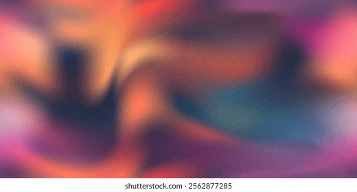 Blurred cyberpunk or vaporwave neon grainy gradient mesh bg. Abstract purple and orange vector illustration with overlay grainy texture