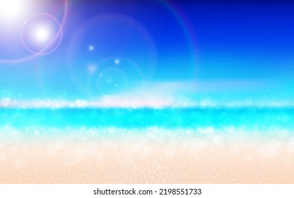 Unscharfer Hintergrund für Konzeptsommerurlaub. Tropischer Sommerstrand mit Sonnenstrahlen. Weißer Sandstrand, Meerwasser funkelt gegen den blauen Himmel.