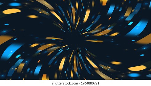 Blurred Defocused Lights moving to the center of the screen, blue and golden yellow neon particles meshed in motion