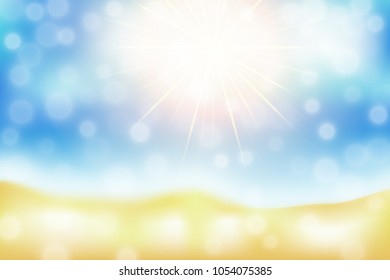 Blurred, defocused sea beach background, with sunhine and bokeh. Vector illustration.