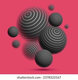 Blurred defocused spheres over red vector abstract background, balls levitating wallpaper.