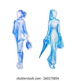 Blurred drawing of blue women on white background