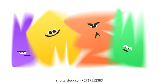 Personagem Emoção Turva Faces com formas suaves e olhos expressivos mostrando calma, alegria, raiva e nojo. Abstrato Blurry Conjunto Emocional com Vista Frontal Faces e Sensação Diversa