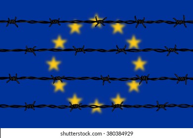 Blurred European Union flag and barbed wires at foreground. Prohibition of crossing of the EU borders and illegal immigration