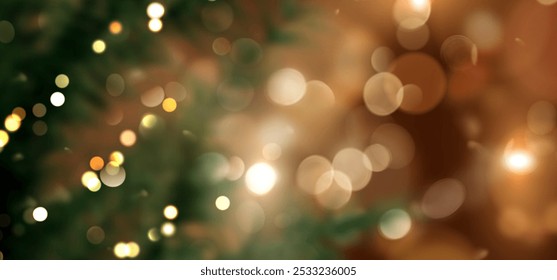 Blurred festive green pine branches in soft tones and bokeh lights background. Decorated Christmas tree in holiday style. Christmas de-focus blurred template for holiday design. Vector illustration