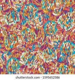 Blurred floral effect ikat vector texture. Modern mottled glitch flower Tropical  variegated melange all over tile. Dense mottled swatch.