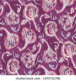 Blurred floral effect ikat vector texture. Modern mottled glitch flower.  Boho purple variegated melange all over tile. Dense mottled feminine bloom swatch.