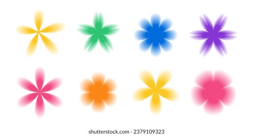 Blurred flower set. Colorful y2k shapes collection. Abstract retro graphic design elements