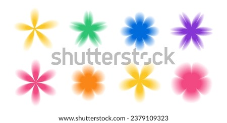 Blurred flower set. Colorful y2k shapes collection. Abstract retro graphic design elements