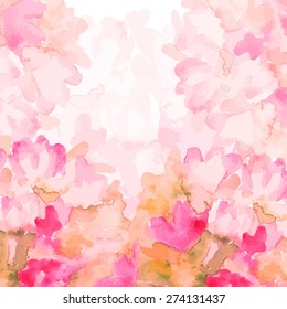 Blurred flowers. Light pink watercolor background