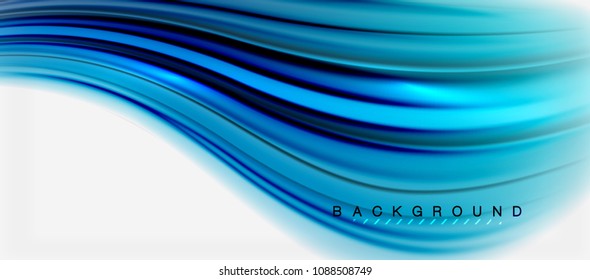 Fondo de color azul del fluido borroso, líneas de ondas abstractas, mezcla de colores con efectos de luz sobre el fondo de la luz. Ilustración artística vectorial para presentación, fondo de pantalla de aplicación, pancarta o afiches
