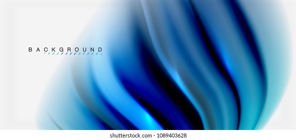 Fondo de color azul del fluido borroso, líneas de ondas abstractas, mezcla de colores con efectos de luz sobre el fondo de la luz. Ilustración artística vectorial para presentación, fondo de pantalla de aplicación, pancarta o afiches