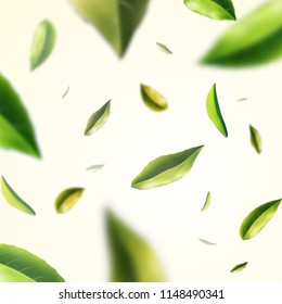 Blurred fresh flying green leaves, quality vector 3d imitation. Realistic bokeh