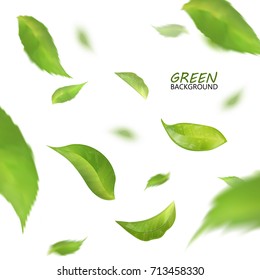 Blurred fresh flying green leaves, quality 3d imitation. Vector