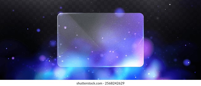  Blurred galaxy design with glowing particles .Illustration of blue abstract background with effect glass morphism. Frosted rectangular glass. 