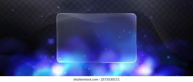 Blurred galaxy design with glowing particles .Illustration of blue abstract background with effect glass morphism. Frosted rectangular glass. Smoke effect.