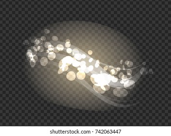 Blurred glittering sparkling elements in fume isolated on black transparent background. Golden sparkles of light dust, illuminated splashes vector