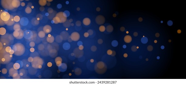 Verwischtes Gold Bokeh auf blauem Hintergrund. Goldene unscharfe Effekt Tapete. Abstrakt glänzender Glitzer, Funken, Staub, Funkeln. Glühende Marine-Kulisse für Weihnachten, Neujahr oder Geburtstag Karte, Banner. Vektor