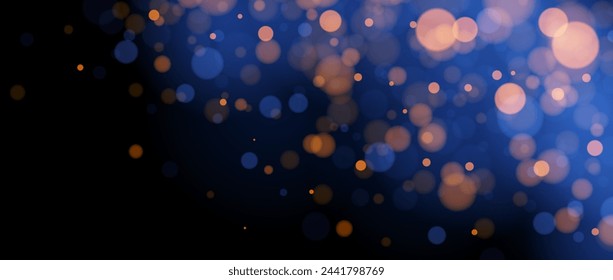 Blurred gold bokeh on blue background. Golden blur light effect wallpaper. Abstract shiny glitter, sparks, dust, sparkles. Vector glowing navy backdrop for Christmas, New Year, birthday card, banner