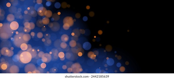 Blurred gold bokeh on navy background. Golden blur light effect wallpaper. Abstract shiny glitter, sparks, dust, sparkles. Vector glowing blue backdrop for Christmas, New Year, birthday card, banner