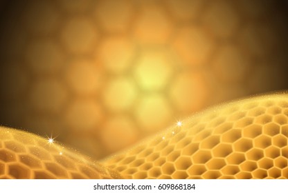 Blurred Golden Beehive Background With Honeycomb Elements, 3d Illustration