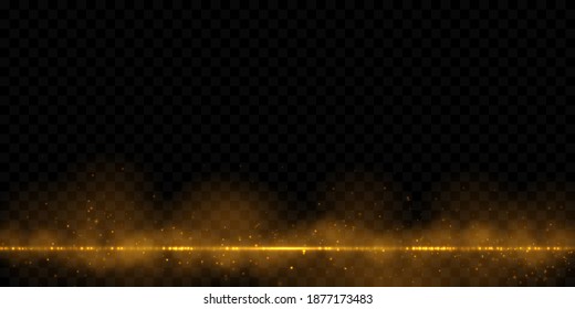 Blurred golden light effect. Shiny glitter dust isolated on dark transparent background.