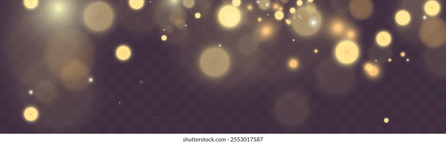 Orbes de luz dourada borrada com efeitos de brilho suave em um fundo transparente, adequado para temas festivos ou sonhadores.	