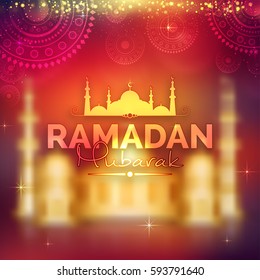 Blurred Golden Mosque and floral design decorated shiny background for Islamic Holy Month, Ramadan Mubarak celebration.