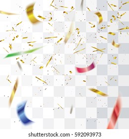 Blurred golden,red, green and blue confetti isolated on transparent background.Vector illustration.