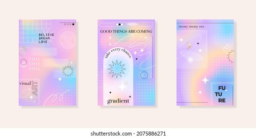 Blurred gradient background with geometric shapes. Fluid holographic gradient poster for wall art or social media cover. Modern wallpaper design tempate, brutalism inspired. Vector illustration.