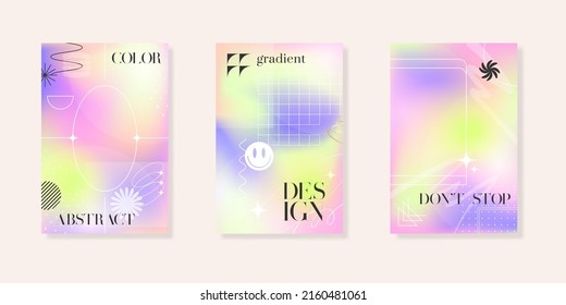 Blurred gradient background with geometric shapes. Fluid holographic gradient poster for wall art or social media cover. Modern wallpaper design tempate, brutalism inspired. Vector illustration