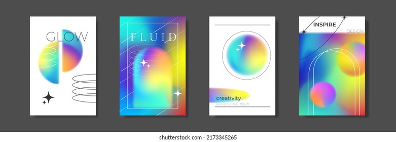 Blurred gradient background and geometric shapes  Fluid holographic gradient poster for wall art social media cover  Modern wallpaper design tempate  brutalism inspired  Vector illustration