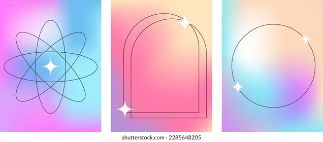 Blurred gradient background with geometric shapes. Fluid holographic gradient poster for wall art or social media cover. Modern wallpaper design tempate, brutalism inspired. Vector illustration.